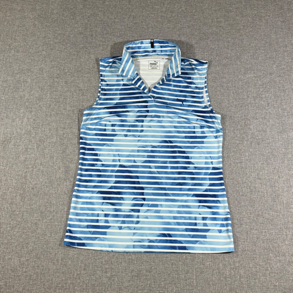 Puma Golf Sleeveless Polo Shirt Womens Large Blue Floral Striped DryCell Sporty